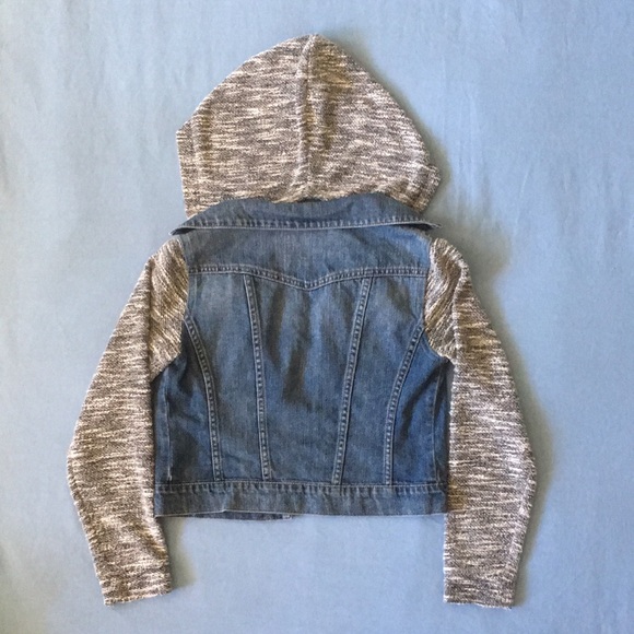 Jessica Simpson Two-Tone Denim Jacket with Sweater Sleeves XS Removable Hood - Picture 5 of 8